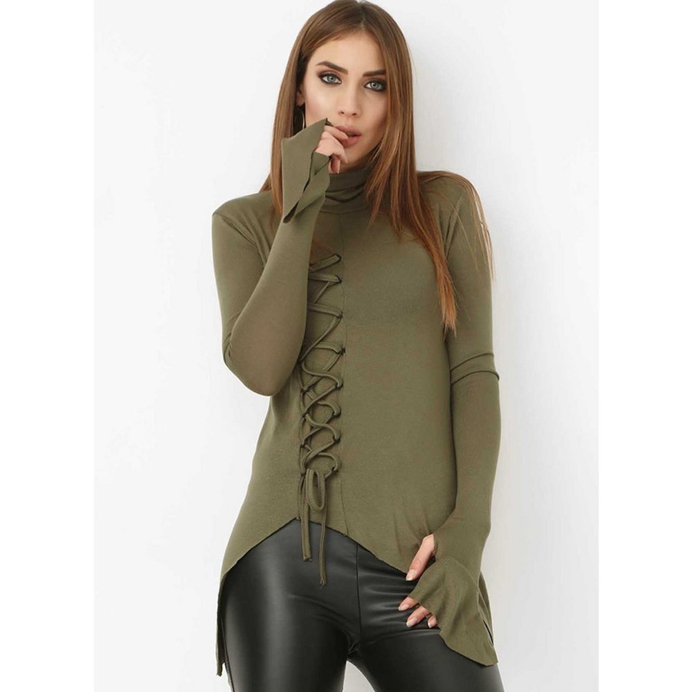 Bambina Mia - Khaki Lace-Up Side Tail Top - Picture 2 of 4